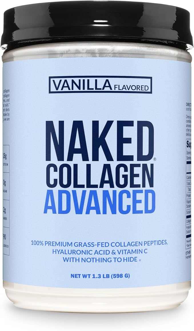 NAKED Vanilla Collagen Advanced - Peptides Protein Powder, Hyaluronic Acid, Vitamin C, Pasture-Raised, Grass-Fed Hydrolyzed Collagen Supplement, Paleo Friendly, Non-GMO, Keto, Gluten Free, 1.3LB