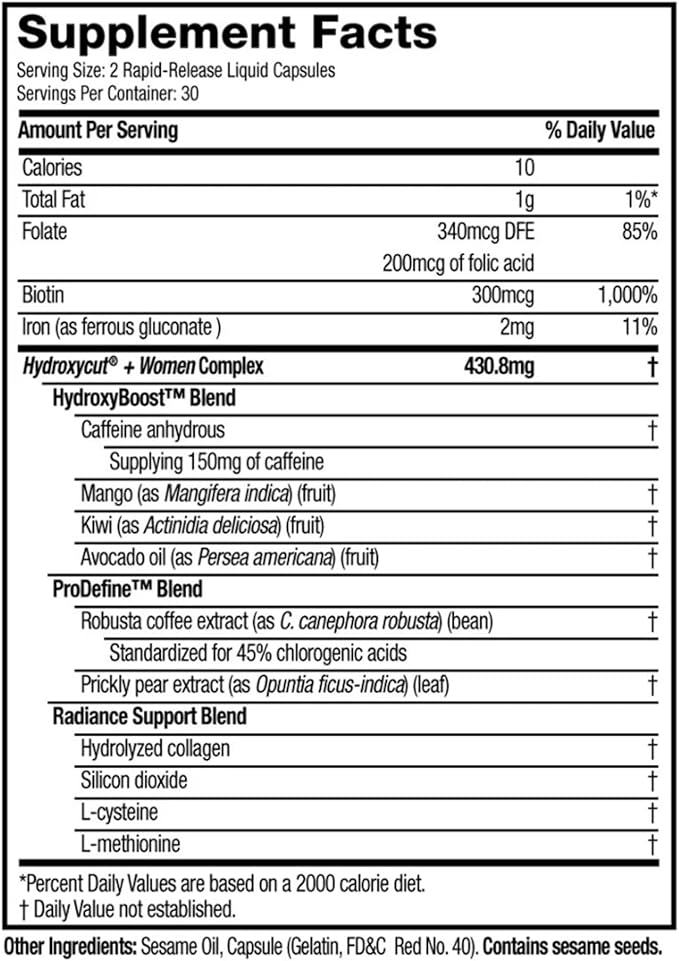 Hydroxycut +Women - 60 Rapid-Release Liquid Capsules - Includes Biotin, Collagen, Folate & Iron