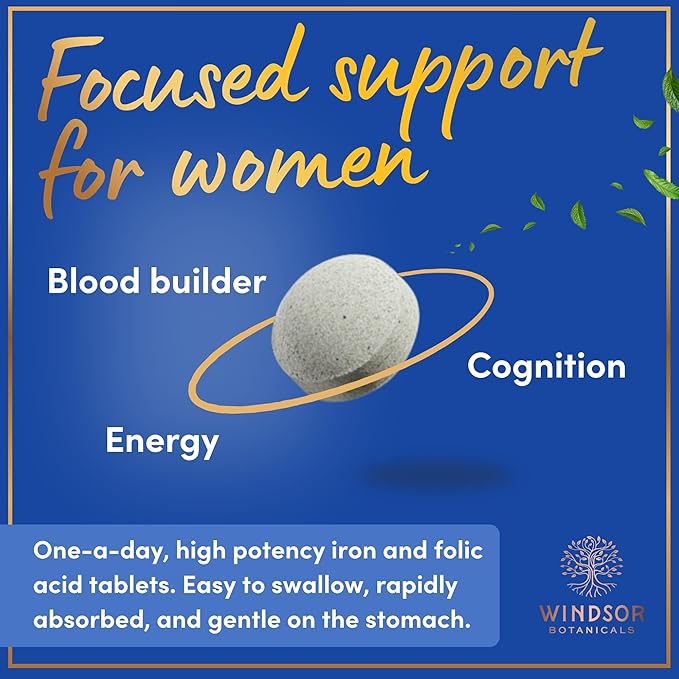 Iron and Folic Acid Supplements for Women - 35mg Gentle Iron Vitamin, Folic Acid 400mcg - Anemia, Period, Pregnancy Support Supplement, Ferrous Sulfate Pills - 60 Vegan Non-Constipating Tablets