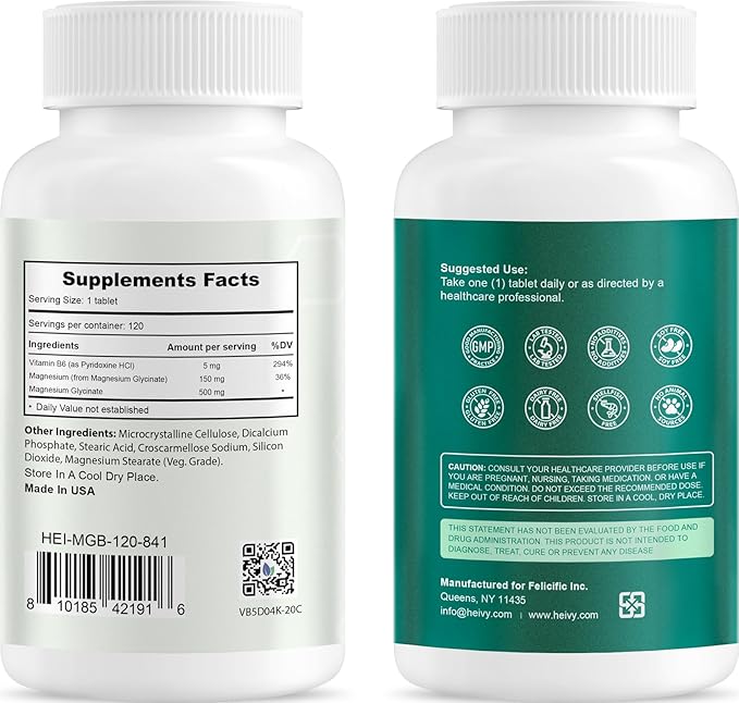 Heivy Pure Magnesium Glycinate 500mg, 100% Chelated & Purified Supports Nerve Relife, Sleep Aid & Muscle Support, Vegan & Non-GMO, Made in USA, 3rd Party Tested, 120 Tablets