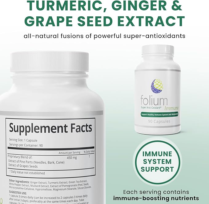 Folium Immuno Inflammation Support Supplement-Pine Parts, GrapeSeed, Ginger, Turmeric, Green Tea, White Pepper & Pomegranate-90 Count