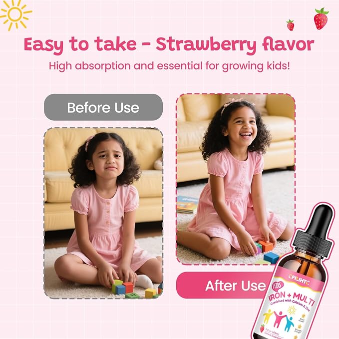 Liquid Iron Supplement for Kids, Women & Men - Kids Multivitamin with Iron Drops - Immune Support, Blood Builder & Energy Support for Iron Deficiency, Anemia - Strawberry Flavor, 4 Fl Oz
