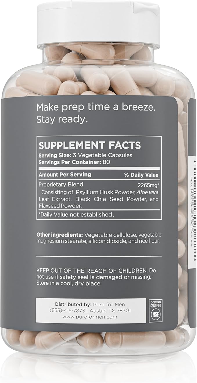 Pure for Men Original Cleanliness Stay Ready Fiber Supplement | Helps Promote Digestive Regularity | Psyllium Husk, Aloe Vera, Chia Seeds, Flaxseeds | Proprietary Formula | 240 Vegan Capsules