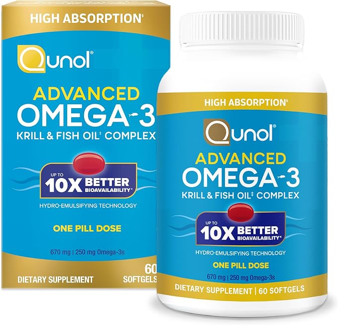 Qunol Advanced Omega 3 Krill and Fish Oil Complex, 10x Better Bioavailability, One Pill Dose, 250mg EPA & DHA, Supports Brain, Eye, Heart and Joint Health, 60 Count (Pack of 1)