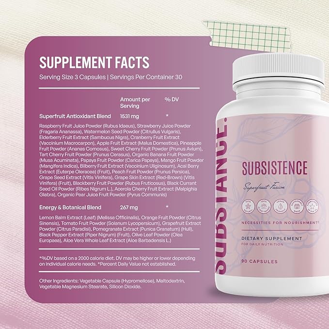 SUBSTANCE. Nature’s Subsistence Daily Fruits Supplement – Organic Superfruit Blend with Acai, Pomegranate, Aloe Vera & 20+ Fruits – Natural Antioxidant & Immune Support Supplement – 30 Servings.