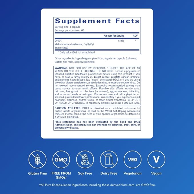 Pure Encapsulations DHEA 5 mg - Immune Support & Hormones Balance* - Micronized DHEA - Gluten Free & Vegan - 60 Capsules