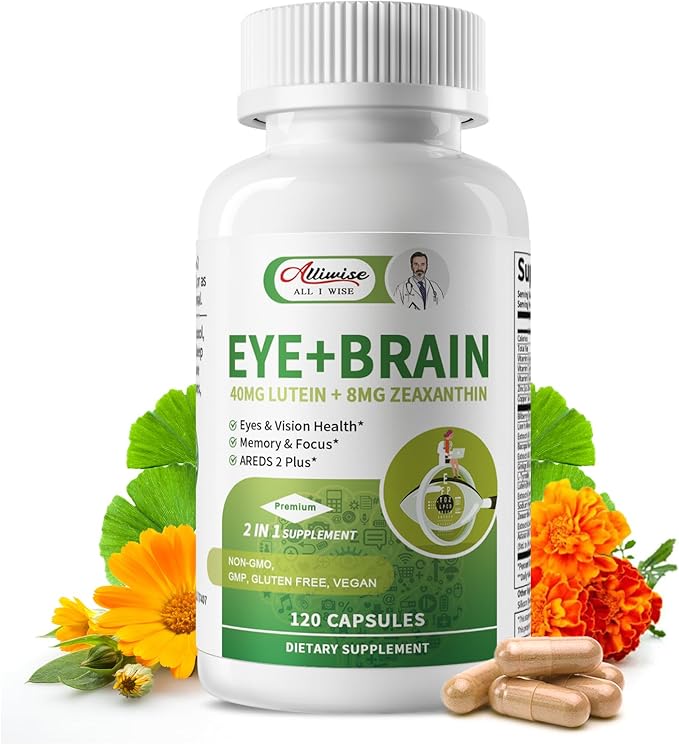 Eye + Brain Supplements for Memory and Focus, Lutein 40mg, Zeaxanthin, Astaxanthin, Bilberry, Lion’s Mane, Bacopa Monnieri, Ginkgo Biloba, 14 in 1 Eye Vitamins for Adults & Seniors 120 Capsules
