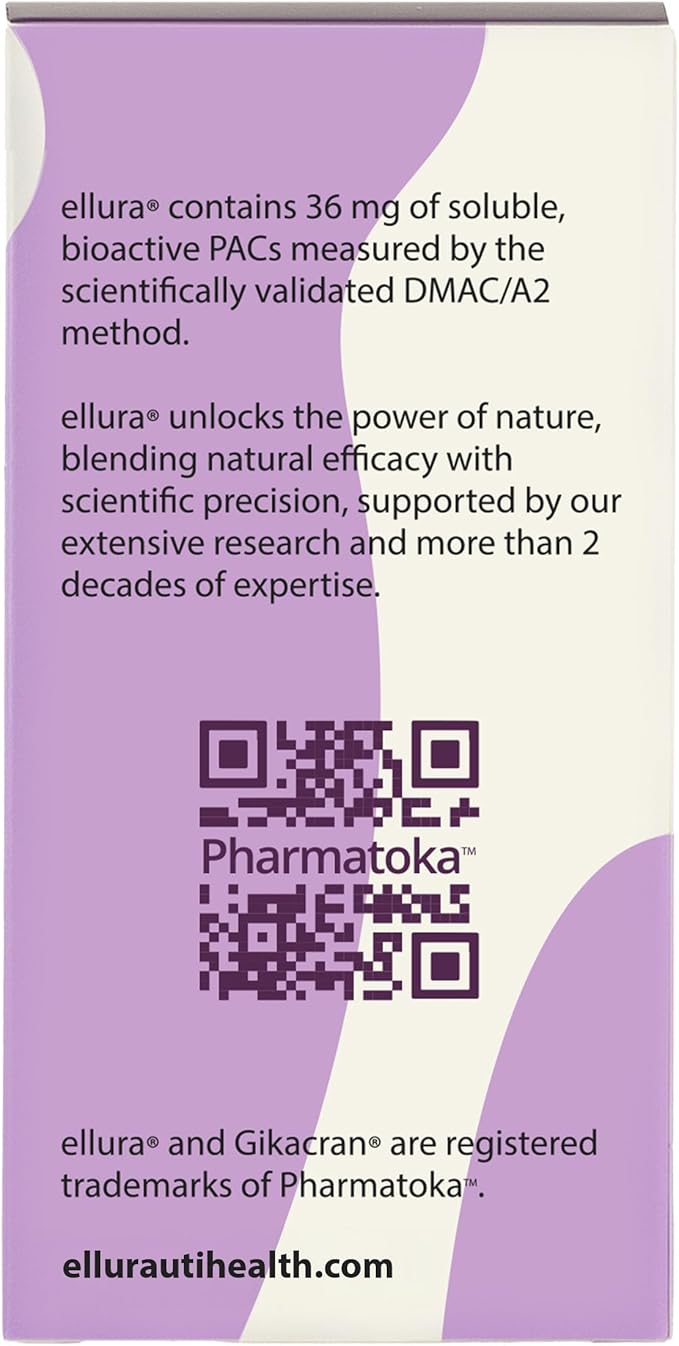 ellura 36 mg Clinically Backed Soluble, Bioactive PACs – 100% Concentrated Cranberry Fruit Juice Extract, for Urinary Tract Health, 90 Capsules