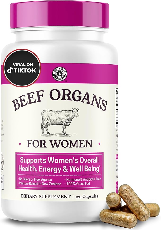 Beef Organ Supplement for Women - Beef Liver, Kidney, Heart and Uterus Tissue, Supports Women's Overall Energy and Health - Pasture Raised in New Zealand - No Fillers or Flow Agents - 120 Capsules