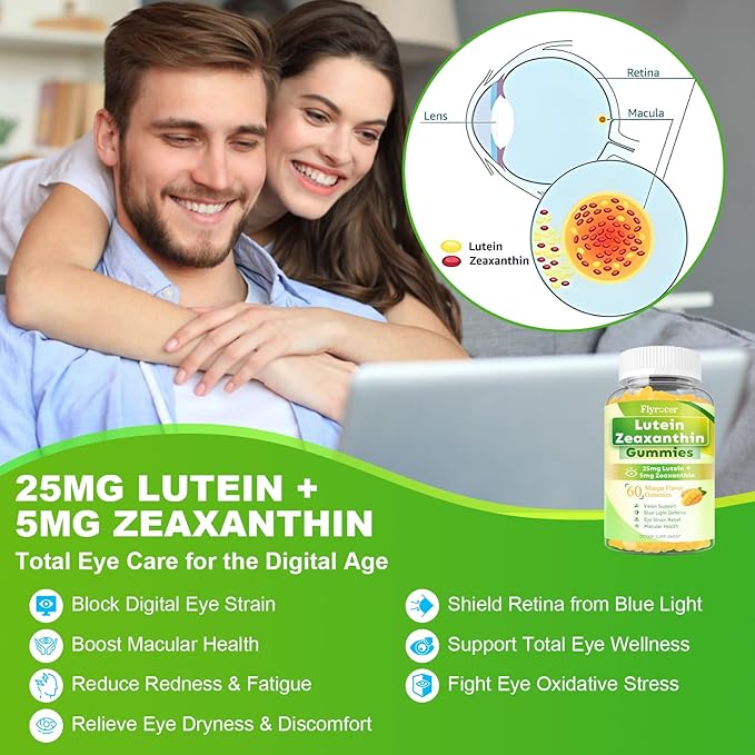 Sugar Free Lutein Gummies 25mg, Lutein and Zeaxanthin Supplements for Eye Health, 13-in-1 Eye Care Formula with Omega-3 Bilberry Saffron & Vitamins-Vision Health, Eye Strain, Dry Eyes, Vegan 60 Count