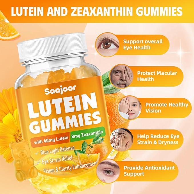 Lutein & Zeaxanthin Gummies - Eye Vitamin Supplement with 40mg Lutein & 8mg Zeaxanthin to Support Macular, Vision & Overall Eye Health, Naturally Orange Flavor, 60 Count