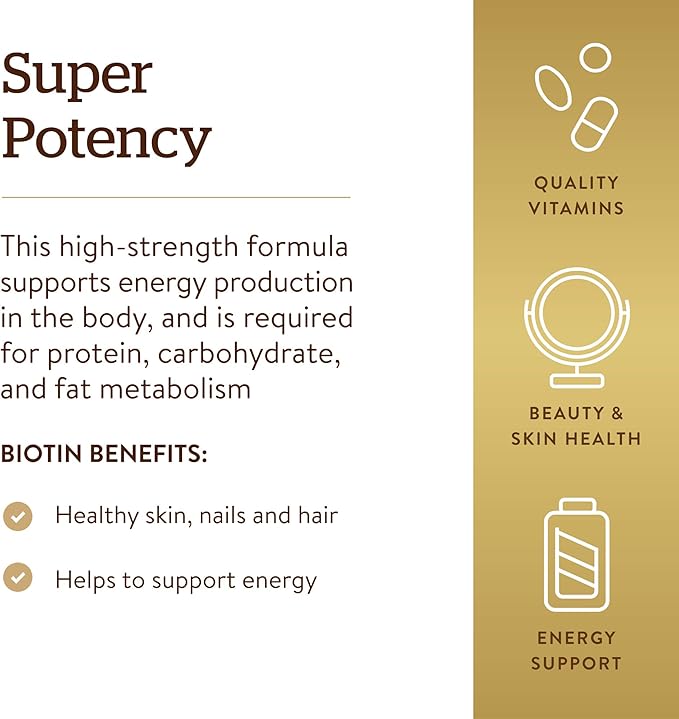 Solgar Biotin 5000 mcg, 100 Veg Caps - Promote Healthy Skin, Nails & Hair - Supports Energy Production, Protein, Carbohydrate & Fat Metabolism - Vitamin B - Non GMO, Vegan, Gluten Free - 100 Servings