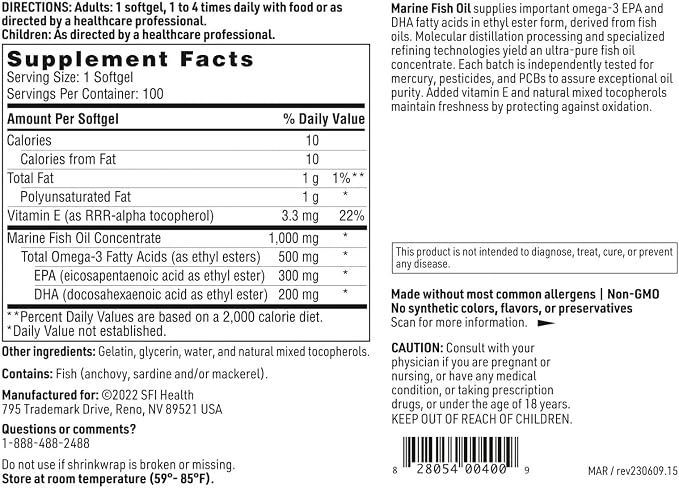 SFI Health Klaire Labs Marine Fish Oil - Ultra Pure 300 Milligrams EPA & 200 Milligrams DHA Omega 3 Unflavored Fish Oil with No Fishy Taste, Cholesterol-Free & Gluten-Free (100 Softgels)