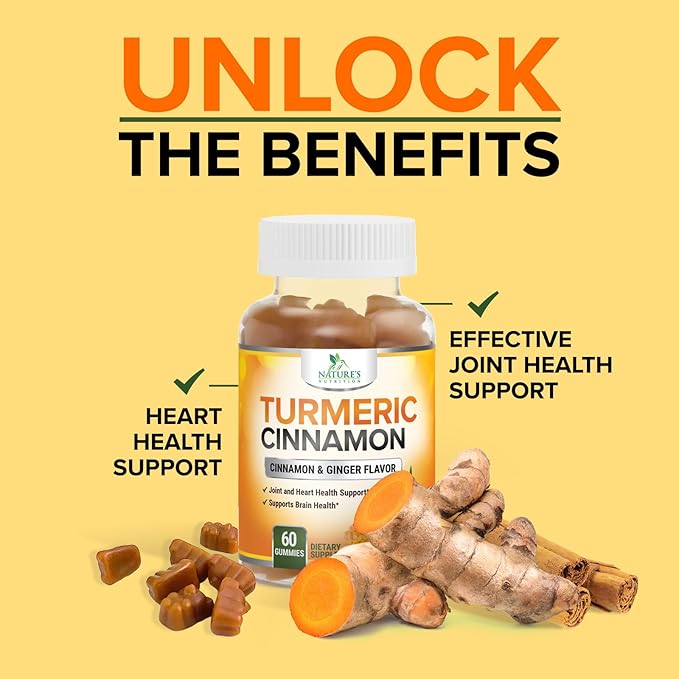 Turmeric Curcumin Supplement Gummies - 95% Curcuminoids with Turmeric Ginger, Black Pepper for Best Absorption, Nature's Vegan Joint Support, Non-GMO, Gluten Free, Tasty Cinnamon Flavor - 60 Gummies