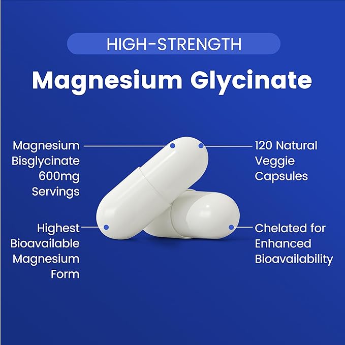 Pure Magnesium Glycinate 600mg - Magnesium Bisglycinate Supplement, High Absorption Magnesium Supplement for Sleep Support & Muscle Function, Non GMO, 120 Count