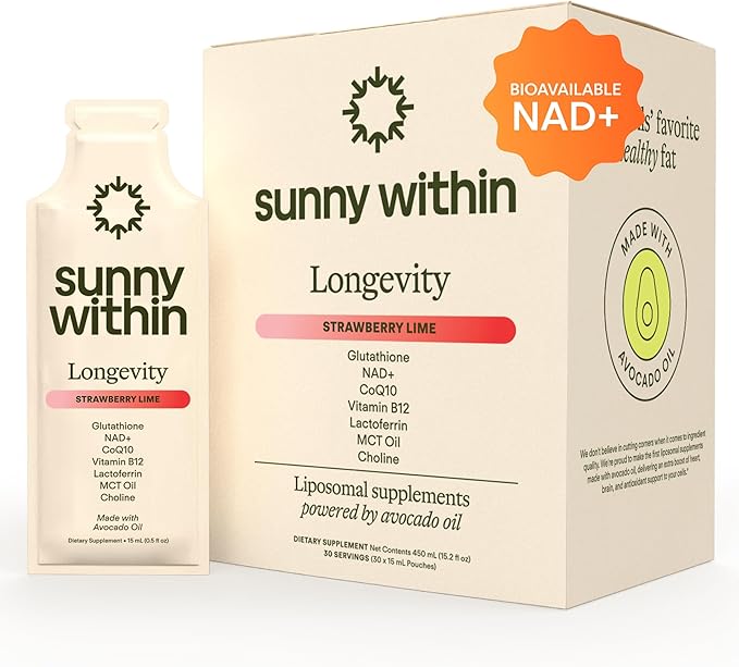 Liposomal Glutathione Supplement NAD+ Longevity Mix w/Liquid NAD+, CoQ10, B12, MCT & Avocado Oil – Cellular Health, Energy, Brain, Gut & Heart Support* – Strawberry Lime – 30 Pouches