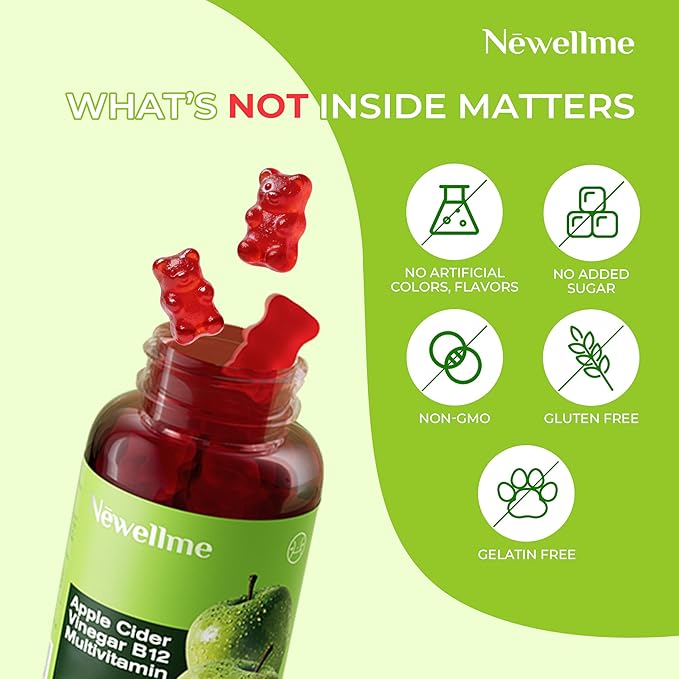 NEWELLME ACV Gummies with the Mother & B12 – Sugar-Free, Great-Tasting Vegan Gummies for Digestion, Metabolism & Daily Energy Support, 60 Count
