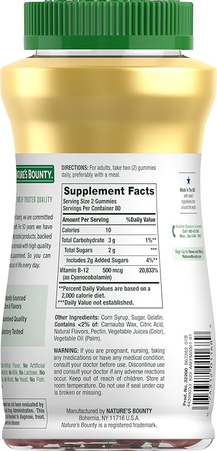 Nature's Bounty Vitamin B12 Gummies, Dietary Supplement, Supports Energy Metabolism and Nervous System Health, Mixed Berry Flavor, 500mcg, 160 Count (Pack of 3)