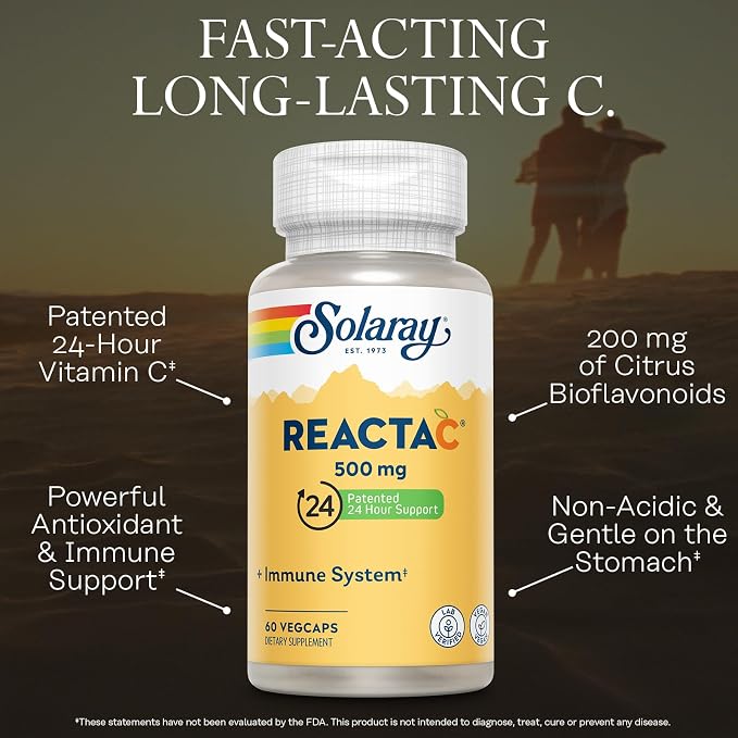 SOLARAY ReactaC Vitamin C 500mg - Patented 24-Hour Immune Support Supplement - Vitamin C with Bioflavonoids and Rutin - Antioxidant and Immune Defense - Vegan, 60-Day Guarantee - 60 Servings