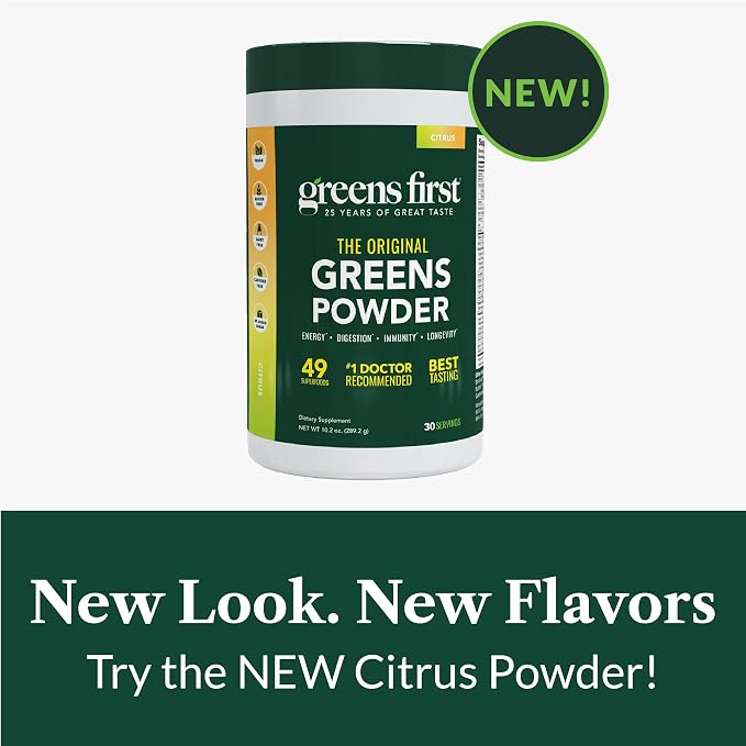 Greens First Original Greens Powder - 49 Superfoods - Organic Fruits & Veggies - Prebiotics, Probiotics & Digestive Enzymes - Antioxidant Smoothie - Dairy Free/Vegan/Non-GMO (Citrus, 30 Servings)