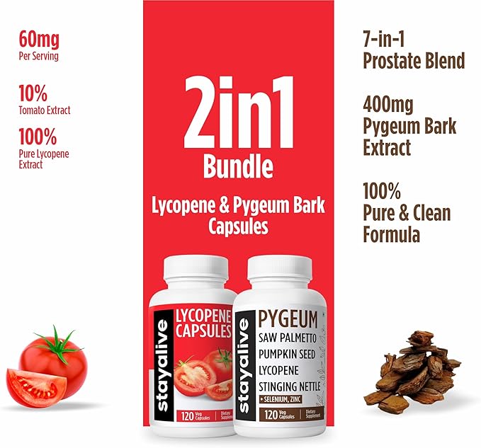 STAYALIVE Lycopene and Pygeum Bundle with Saw Palmetto, Pumpkin Seed and Zinc, 240 Vegan Pills, Non-GMO & Gluten Free Men's Health Supplement