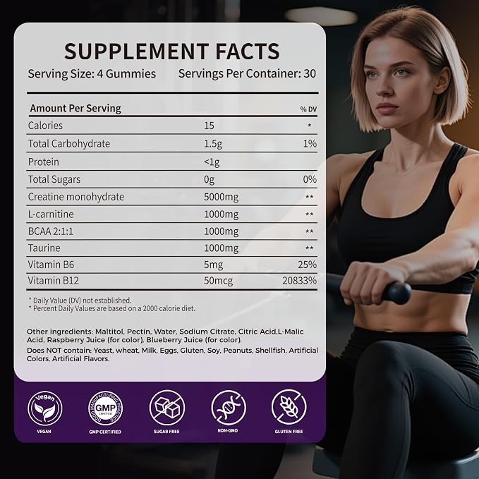 Creatine Monohydrate Gummies 5000mg - Sugar Free Pre Workout Supplement for Men & Women, Creatine Gummies for Muscle, Strength, Recovery, Cognitive Health & Memory, Mixed Berry Flavor, 120 Count