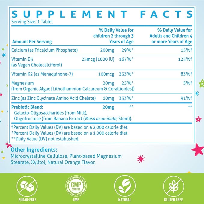 500 MG Calcium Supplement with Vitamin D3 & K2, Zinc, Magnesium & Prebiotics. Kids Vitamins for Kids' Height. Bone Strength, High Absorption, Orange Chewables, Gluten Free, 120 Tabs