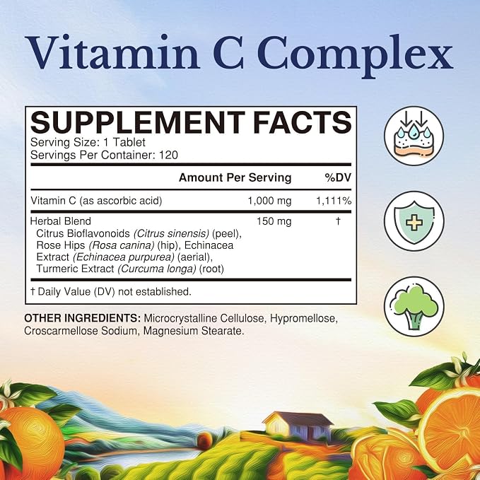 Vitalitown Vitamin C Complex 1000mg with Rose HIPS, Bioflavonoids, Turmeric & Echinacea, Daily Immune Support, Collagen Booster & Powerful Antioxidant, Vegan, 120 Tablets