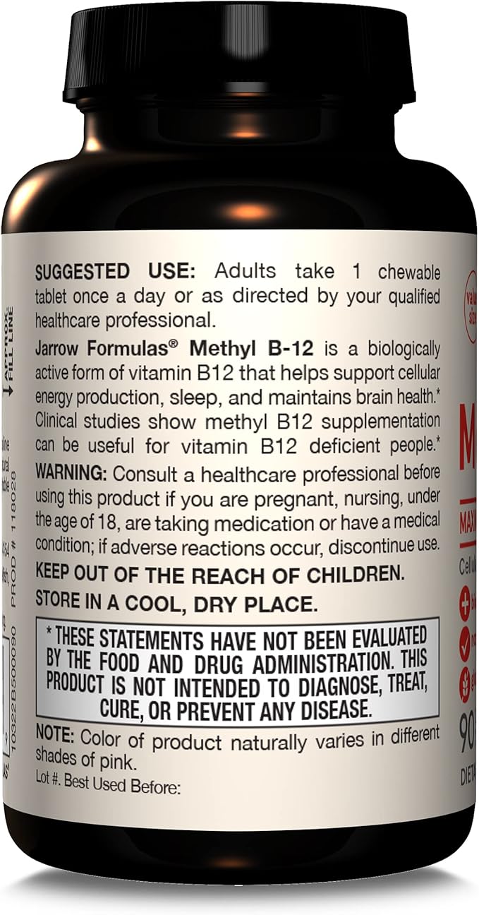 Jarrow Formulas Maximum Strength Methyl B-12 5000 mcg Dietary Supplement - 90 Cherry Chewable Tablets - Bioactive Vitamin B-12 - Supports Cellular Energy Production, Sleep & Brain Health (Pack of 12)