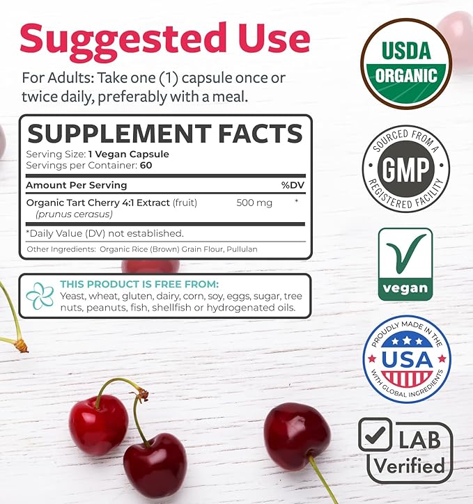 Organic Tart Cherry Capsules - High Strength Organic Tart Cherry 500mg 4:1 Extract- 1 Capsule Per Serving for Uric Acid Support - Vegan Non-GMO & Made in the USA (2 Months Supply)