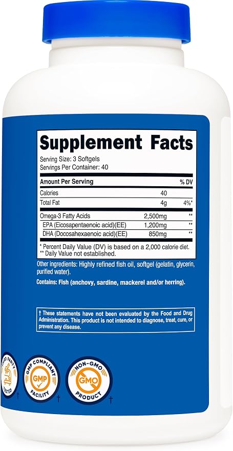 Nutricost Omega 3 Fish Oil - 2500MG, 120 Softgels (40 Serv) - Fish Oil, Wild Caught! 1200mg EPA 850mg DHA - Non-GMO, Gluten Free