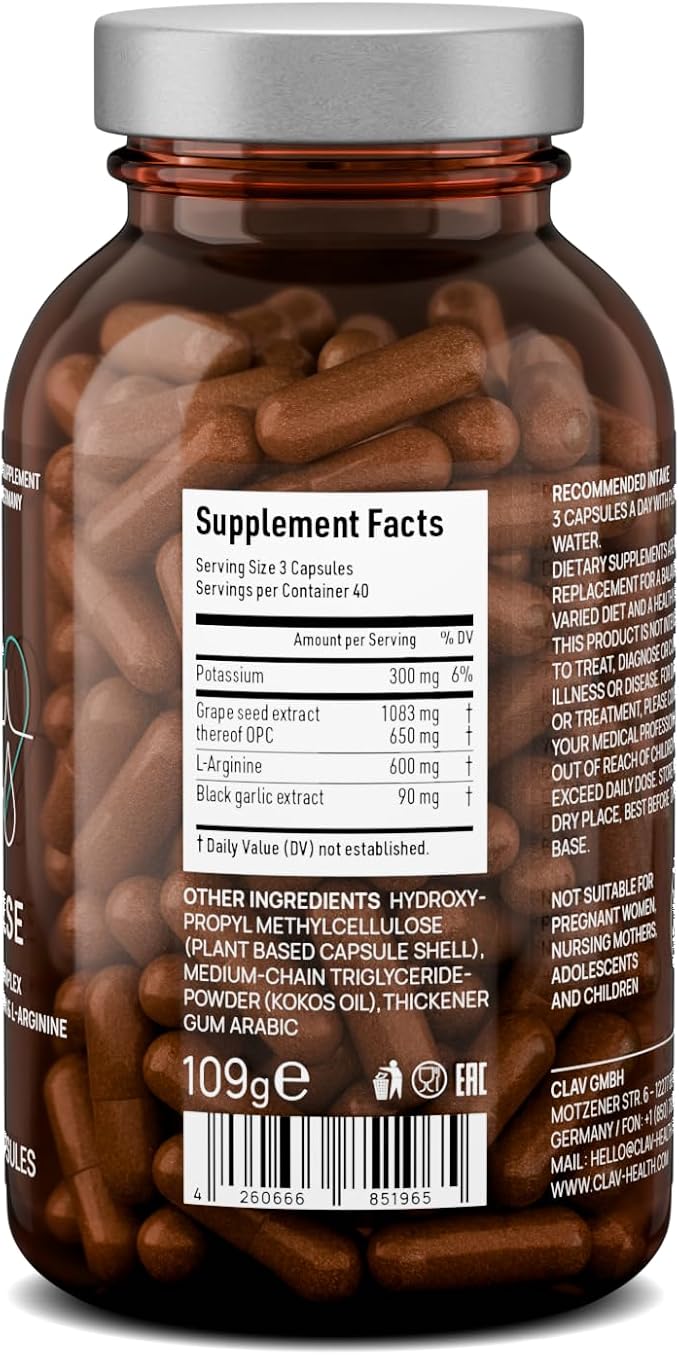 Premium Blood Pressure Support Supplement with Grape Seed Extract, L-Arginine, Black Garlic Extract & Potassium - 120 Capsules
