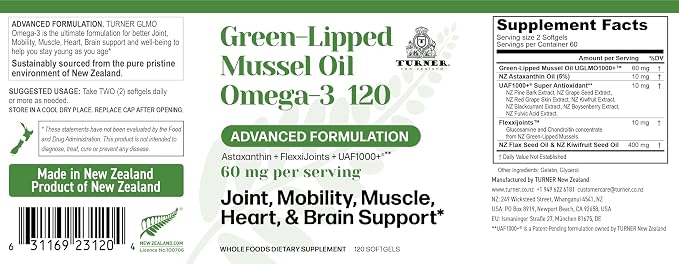 TURNER New Zealand Green Lipped Omega-3 Mussel Oil, 53x Higher Potency with UAF1000+ Super Antioxidant for Superior Joint Comfort & Mobility, No Fishy Aftertaste, 1 Bottle, 120 Softgels