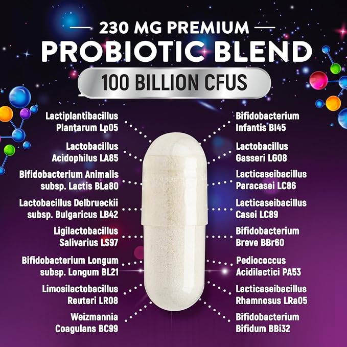 Probiotics for Digestive Health - Probiotic Blend 100 Billion CFU Per Capsule - 16 Premium Strains & Prebiotics for Women & Men, Occasional Constipation, Gas, Gut, Immune Health Support - 30 Capsules