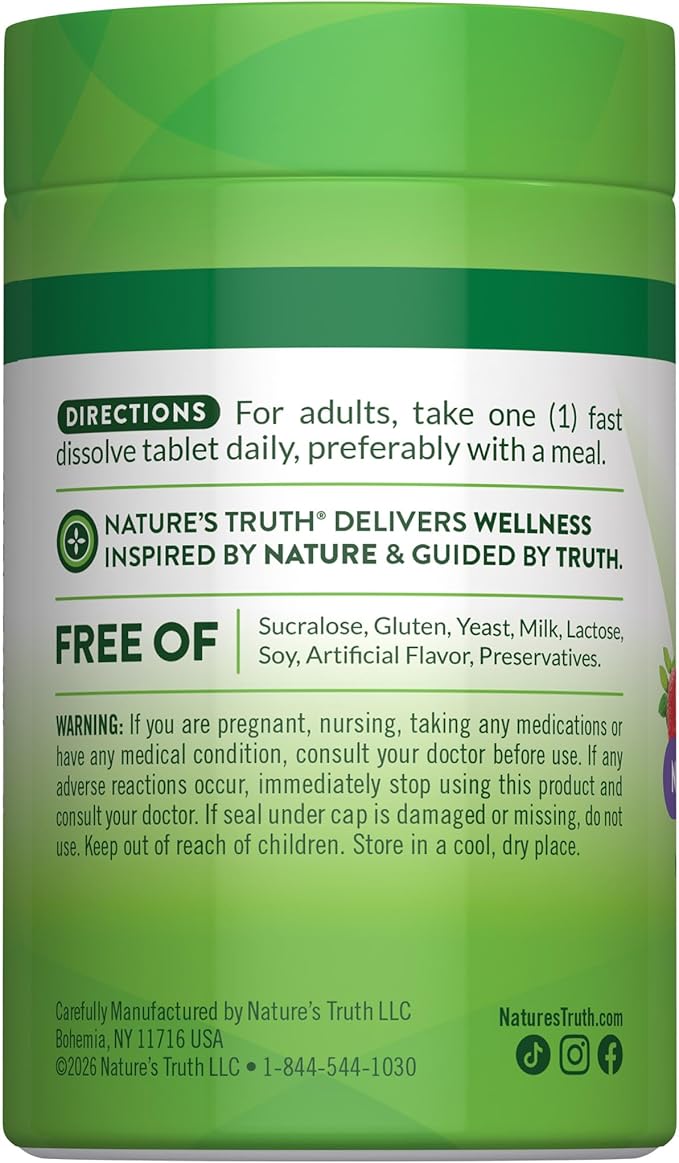 Nature's Truth B12 Vitamin 5000 mcg | 60 Tablets | Fast Dissolve Natural Berry Flavor | Vegan, Non-GMO & Gluten Free Supplement