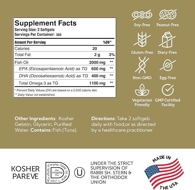 Zahler Omega 3 Fish Oil - Omega 3 Supplements with Fatty Acids, 600 mg EPA and 400 mg DHA - Supplements Derived from Kosher Tuna - Supports Brain & Heart Health (360 Softgels)