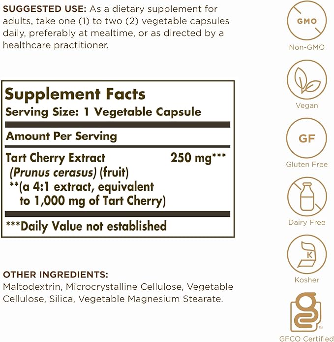 Solgar Tart Cherry 1000 mg, 90 Vegetable Capsules (Pack of 2) - Antioxidant with Quercetin, Chlorogenic Acid & Anthocyanins Compounds - Non-GMO, Vegan, Gluten Free, Dairy Free - 180 Total Servings