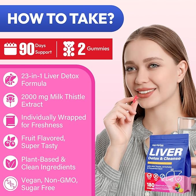 Liver Detox Cleanse & Repair, 2000mg Milk Thistle Liver Detox , Herbal Liver Support Supplement with Beetroot, Dandelion Root, Turmeric, Glutathione for Gut Health, Metabolism, Energy, 180 Gummies