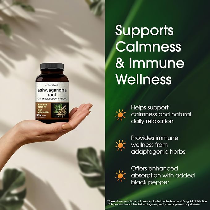 NatureBell Ashwagandha Root with Black Pepper Extract - 240 Capsules - High Strength Adaptogen for Calmness, Relaxation & Immune Support*