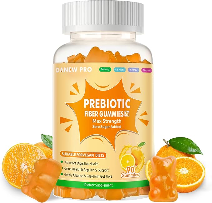 Prebiotic Fiber Gummies for Adults, 7G Extra Strength, Zero Sugar Added, 90 Pectin Based Gummies, Digestive Health -Orange