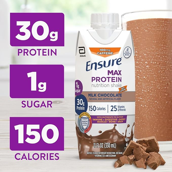 Ensure Max Protein Shake | Milk Chocolate with Caffeine | Ready to Drink | 30g Protein for Muscle Health | 1g Sugar, 4g Fiber | 11 fl oz, 12 Pack