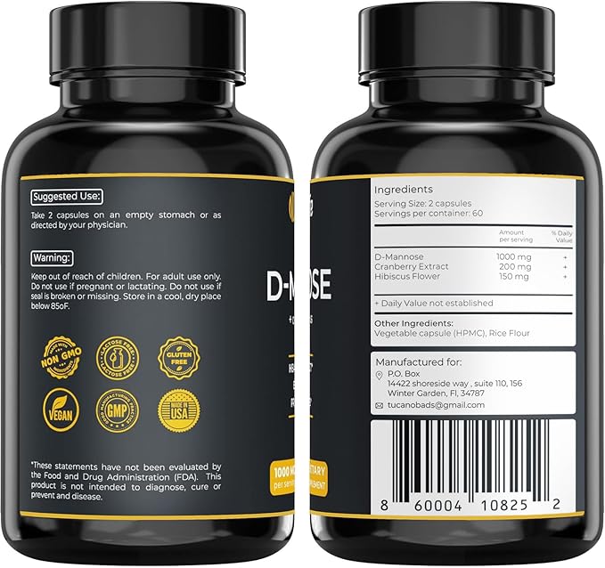Urinary Tract Infection Treatments D Mannose 1000mg Capsules - Potent D-Mannose & Cranberry Pills with Hibiscus Extract - Healthy Bladder Control, Strength Urinary Tract Support (120 Capsules)
