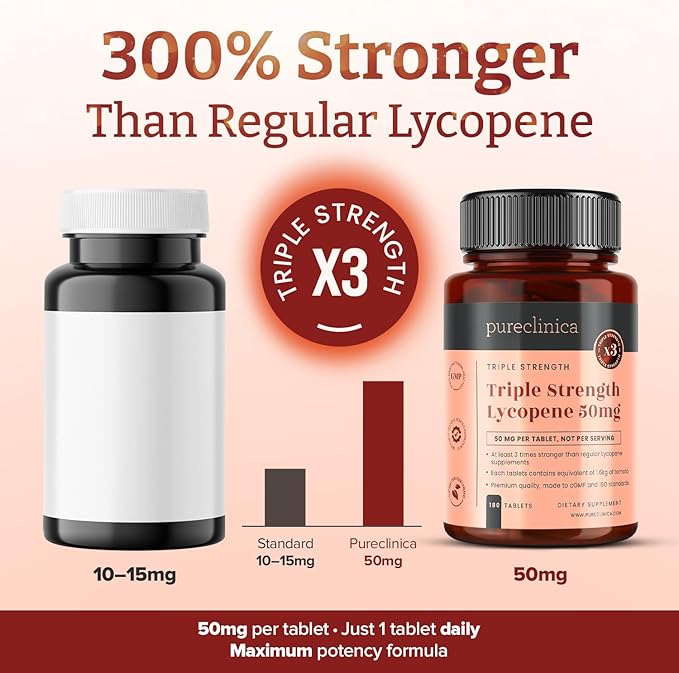 pureclinica Lycopene Supplement 50mg – High Strength Tomato Extract Antioxidant – 360 Tablets (1 Year Supply) – Prostate Health, Heart, Eye & Skin Support – GMO Free