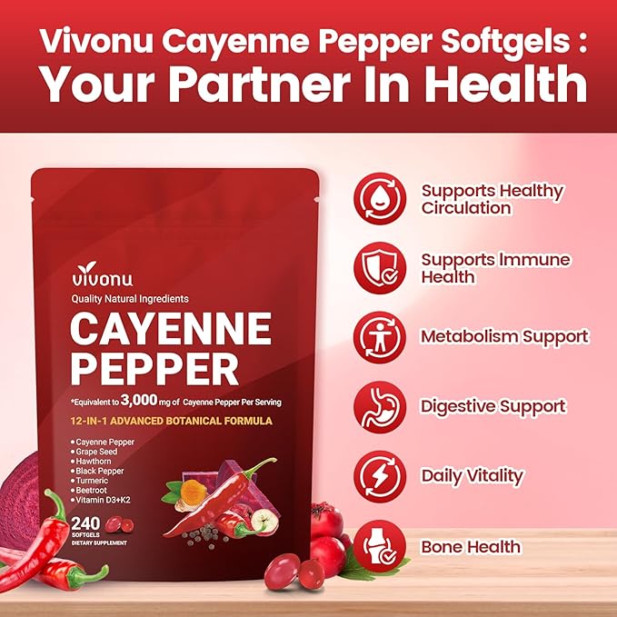 VivoNu Cayenne Pepper Softgels Supplement, Supports Leg Vein, Heart and Blood Vessel Health, with Vitamin E D3+K2 and Extracts of Grape Seed, Hawthorn, Beetroot, Berberine (Softgel / 1 Bag)