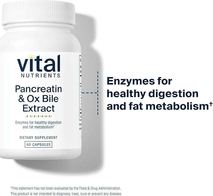 Vital Nutrients Pancreatin & Ox Bile Extract 500mg - Natural Digestive Enzymes for Women & Men - Supports Digestion of Protein, Fat, and Carbohydrates*- Gluten, Dairy & Soy Free - 60 Capsules