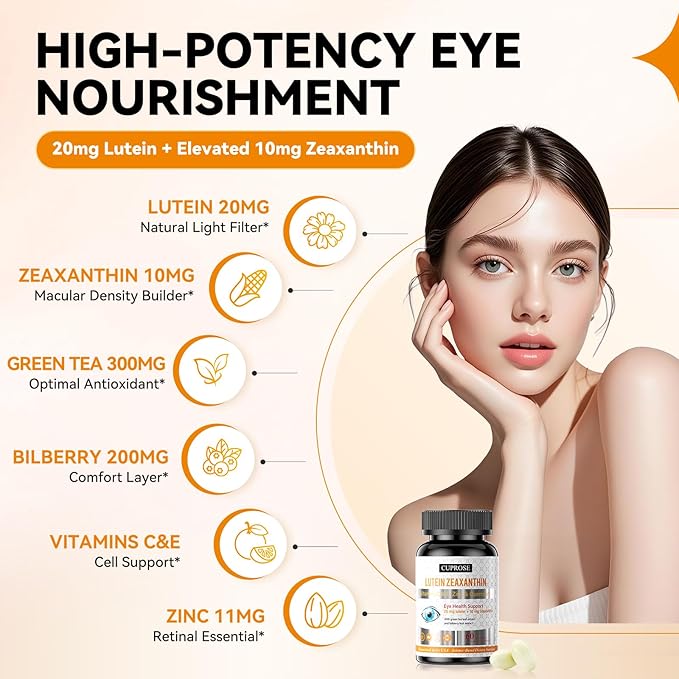 Eye Health Supplements for Macular Support, Lutein 20mg + Zeaxanthin 10mg with Bilberry, Vitamins C, E & Zinc, Macular & Vision Support for Adults & Seniors, Non-GMO, Gluten Free, 60 Softgels