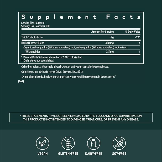 Gaia Herbs Ashwagandha Root 350 mg - Supports Balanced Energy Levels & Positive Outlook*- Supports Healthy Cortisol Balance* - 180 Vegan Liquid Phyto-Caps (90 Servings)