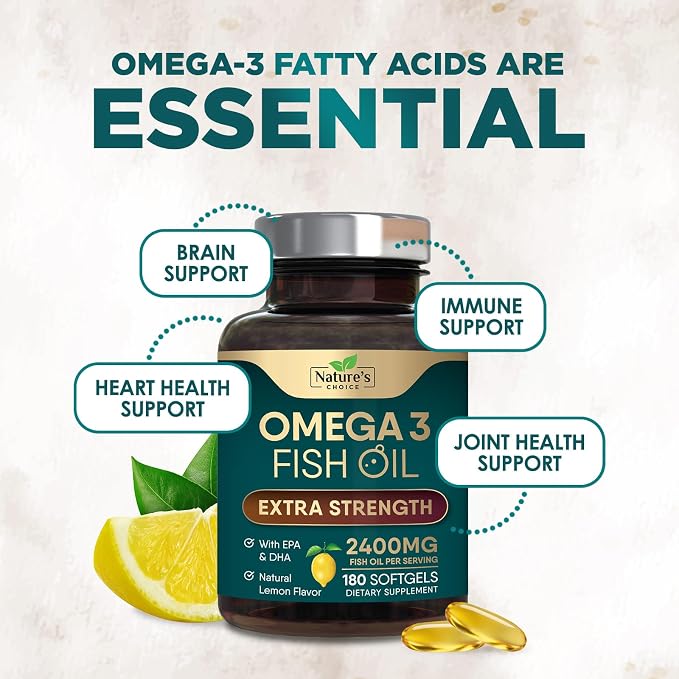 Omega 3 Fish Oil Supplements - 2400mg Fish Oil Per Serving - Triple Strength Omega-3 with Fatty Acids EPA & DHA - Natural Heart, Brain & Immune Support - Wild Caught, Bottled in USA - 180 Softgels