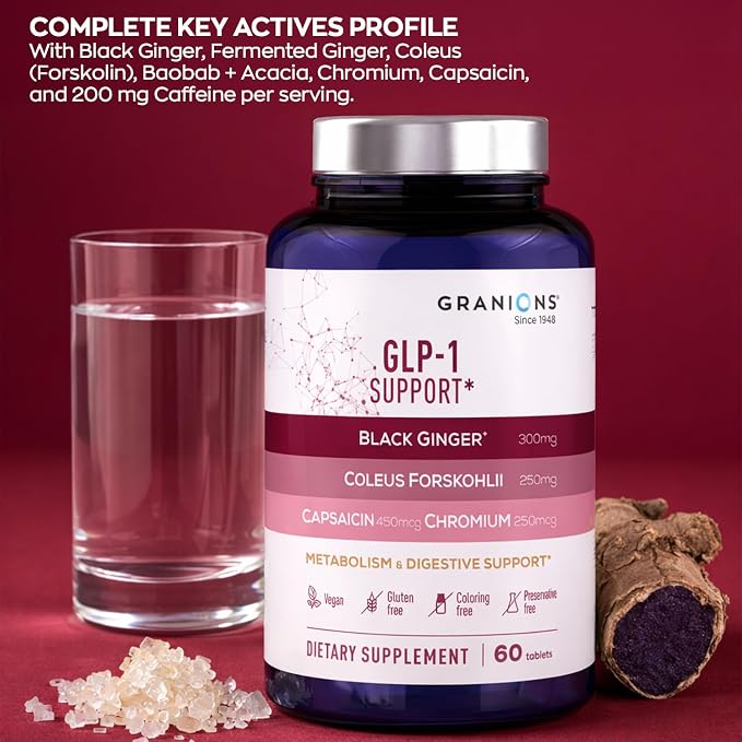 Granions GLP-1 Support Supplement - Metabolism, Gut Health, Digestive Support - Fermented Black Ginger, Coleus Forskohlii, Chromium, Capsaicin, Caffeine - Vegan, Gluten Free Supplements - 60 Tablets