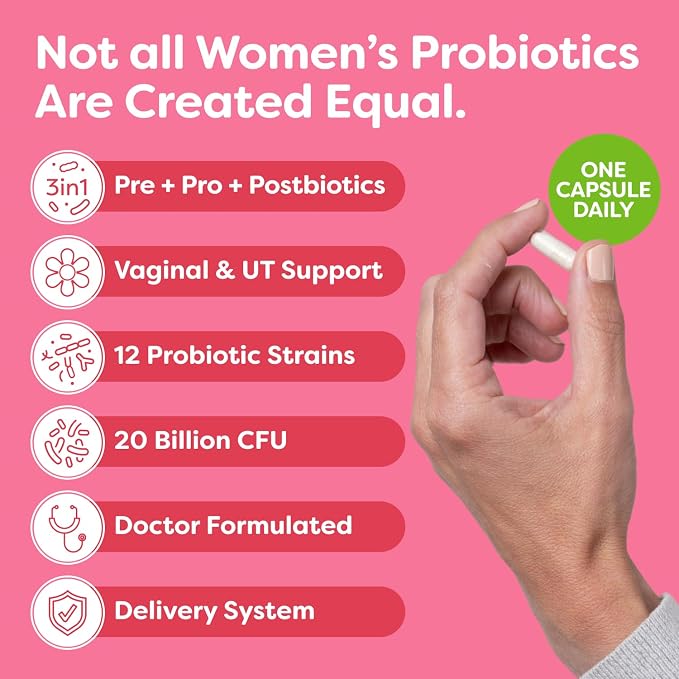 Probulin Total Care Women's Urinary Tract = Prebiotics + Probiotics + Postbiotics to Support a Healthy Vaginal Microbiome - 20 Billion CFU - 12 Strains - 30 Vegan Capsules